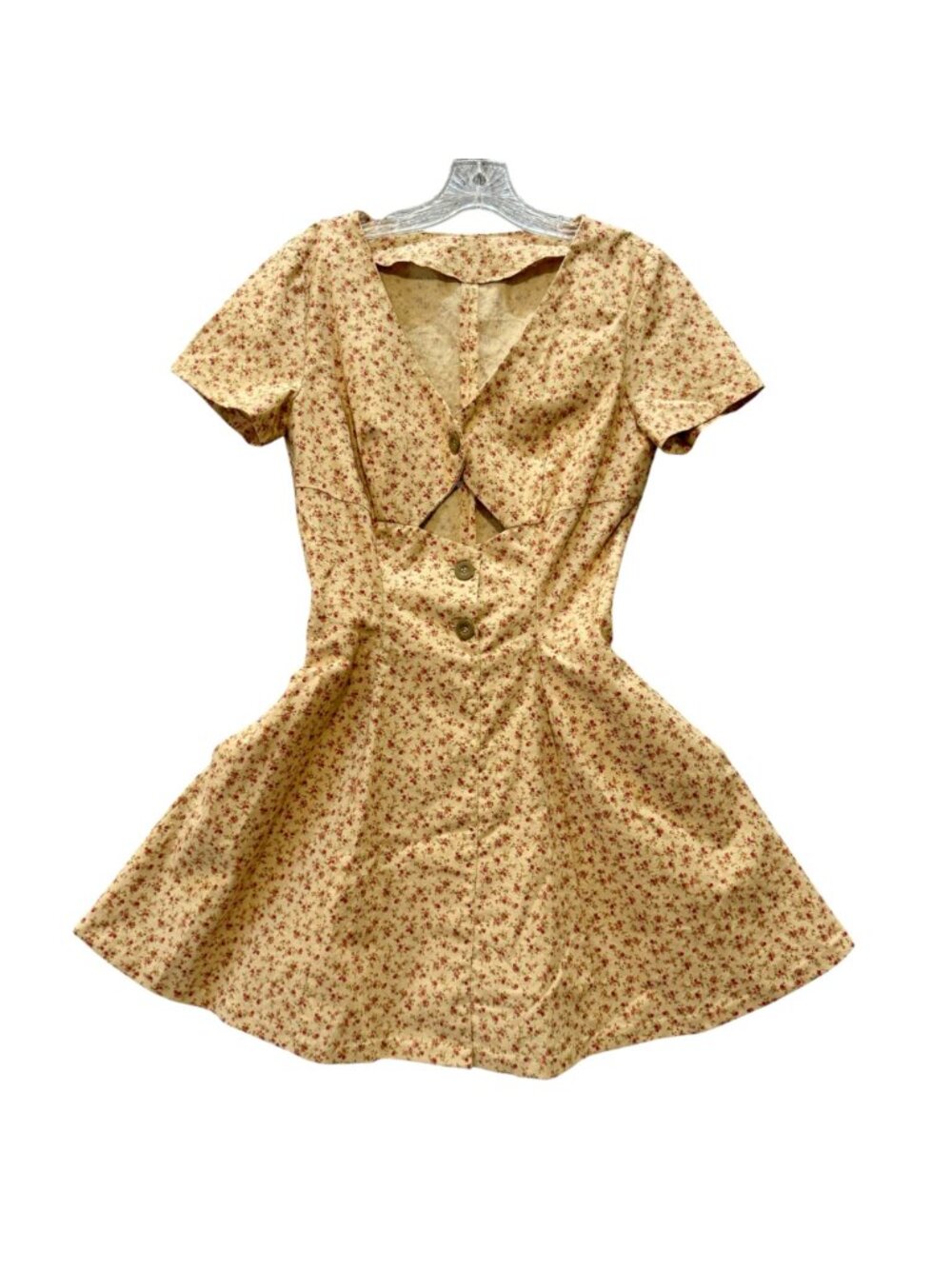 Vintage Inspired Ditsy Floral Mini Dress Beige with Red Roses and Cutout Detail - Picture 2 of 9